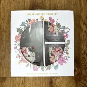 Pink Coquette Dof Glasses and Carafe Set, Elegant Floral, 480ML, 16OZ New in Box